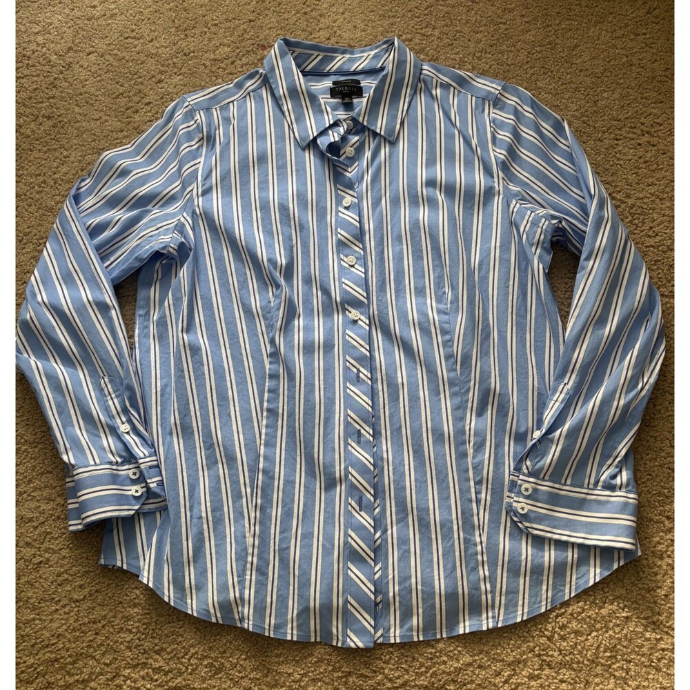 TALBOTS WOMENS WRINKLE RESISTANT Blue/WHITE/BLACK STRIPE TOP 12P Non Iron